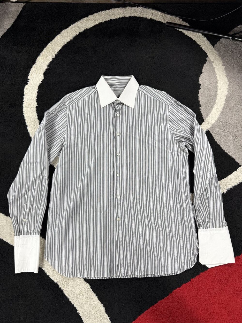 STEFANO RICCI Mens 43 17 Striped Dress Shirt White Collar French Cuffs Gray